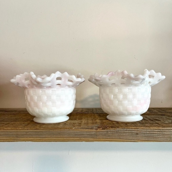 Fenton Rosalene milk glass slag glass basket weave bowl - Picture 1 of 7